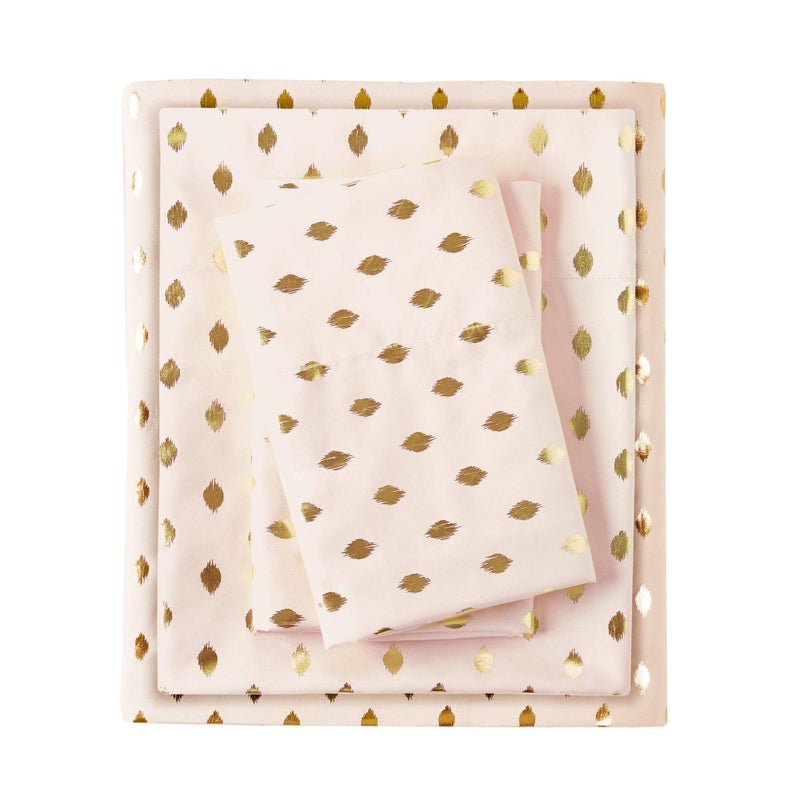Intelligent Design Microfiber Cozy Bed Sheet Set, Modern All Season Bedding & Pillowcases, Premium 14" Elastic Pocket Fits up to 16" Mattress, Full Blush/Gold Metallic Dot 4 Piece - Image 1